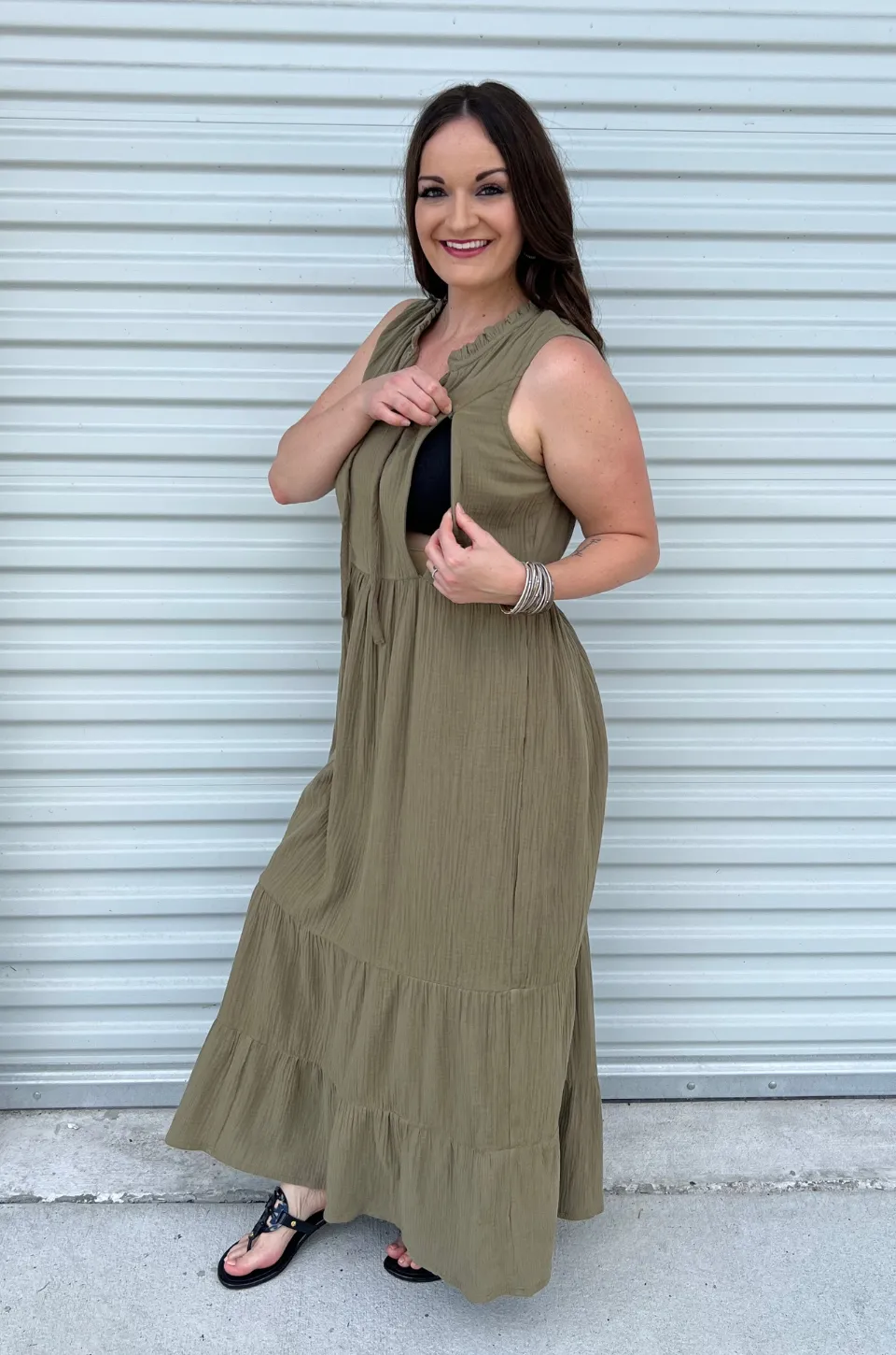 Gauze Nursing Midi With Pockets- Olive