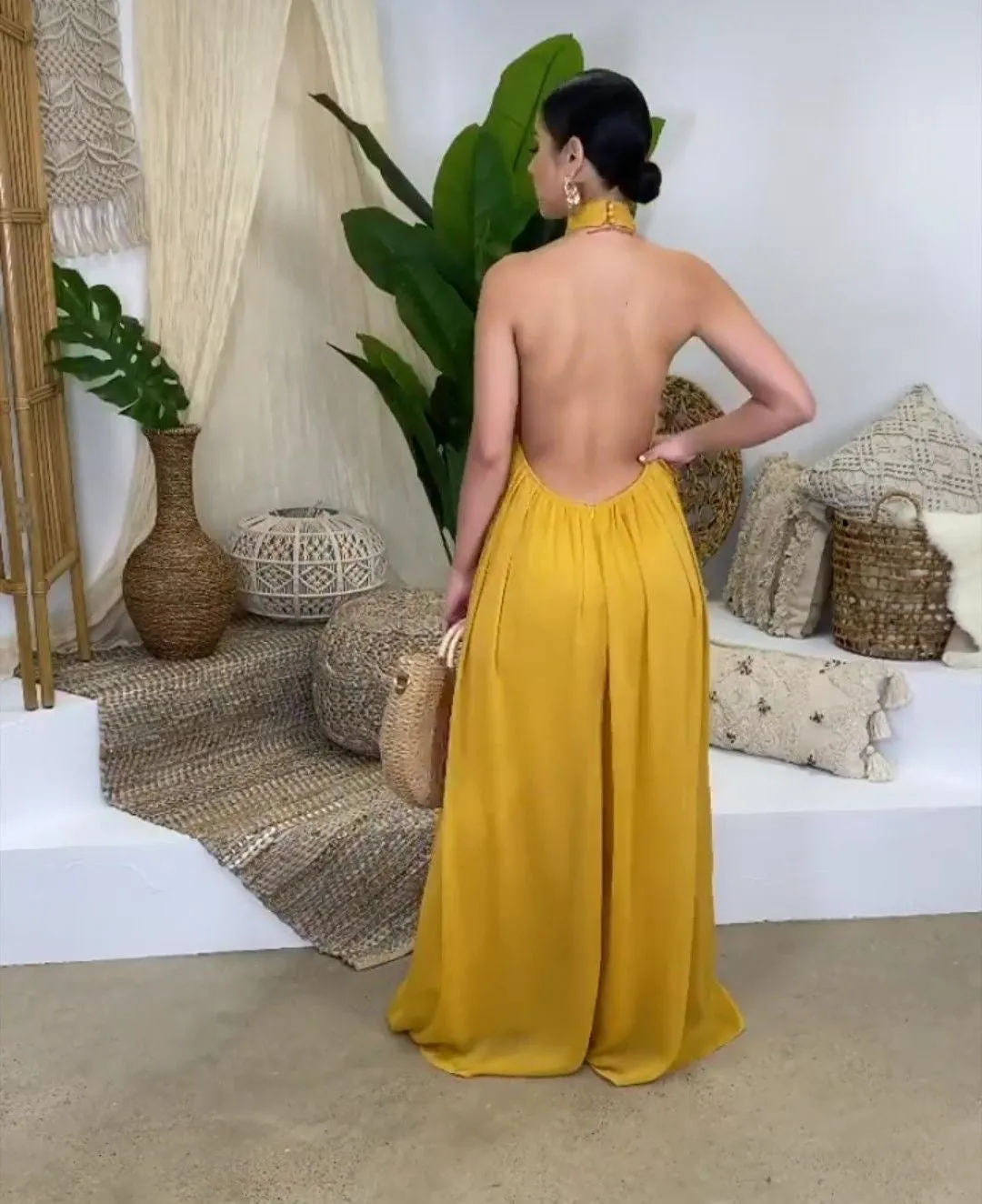 Halterneck wide leg jumpsuit in yellow