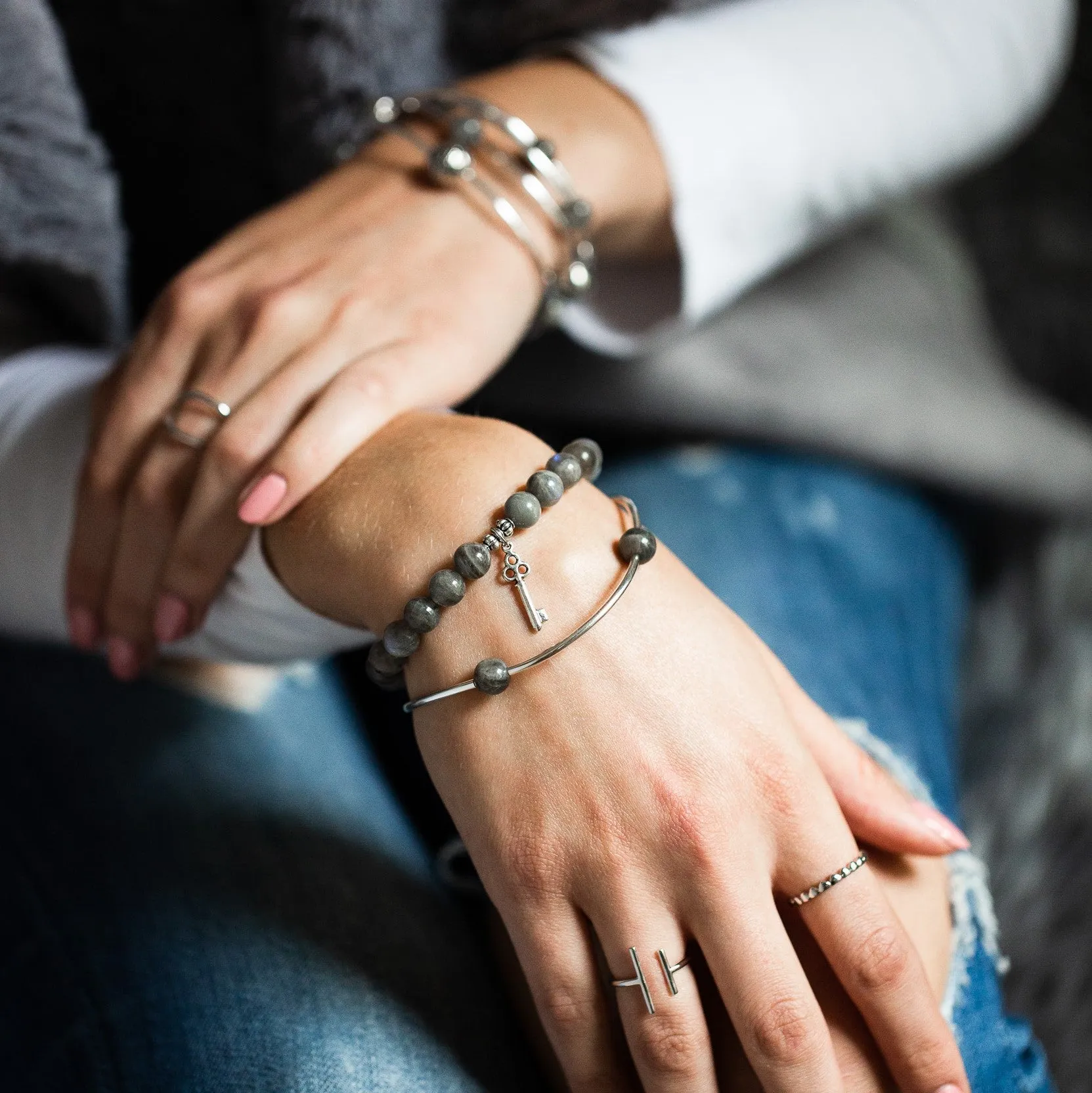 Hummingbird | Soft Bangle Charm Bracelet |  Rose Quartz