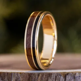 (In-Stock) Custom Men's 14k Yellow Gold Wedding Band with Uniform Fabric & Dark Walnut Wood - Size 12.5 | 6mm Wide