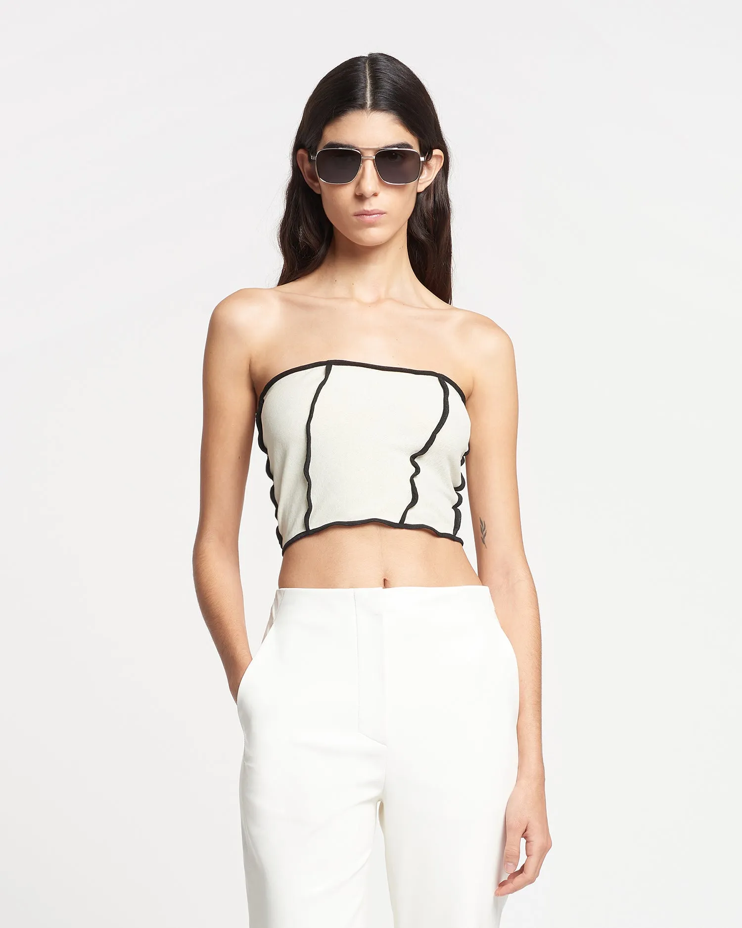 Luisa - Patchwork Mesh-Jersey Tube Top - White wax/Black