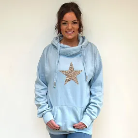 Luxury Cowl Neck Leopard Star Hoodie - Sky