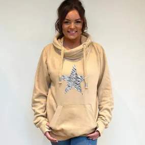 Luxury Cowl Neck Zebra Star Hoodie - Latte