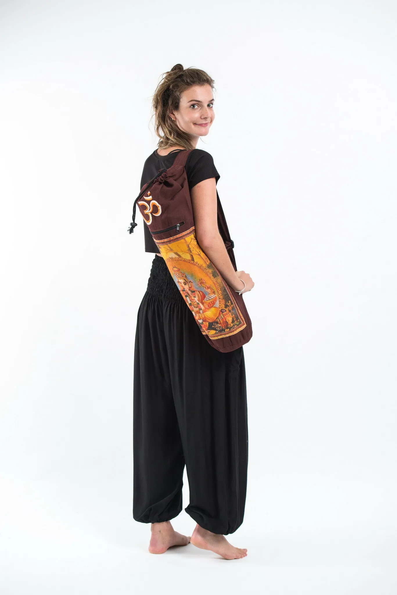 Maroon Embroidered Ohm   Ganesha Print Cotton & Hemp Yoga Mat Bag