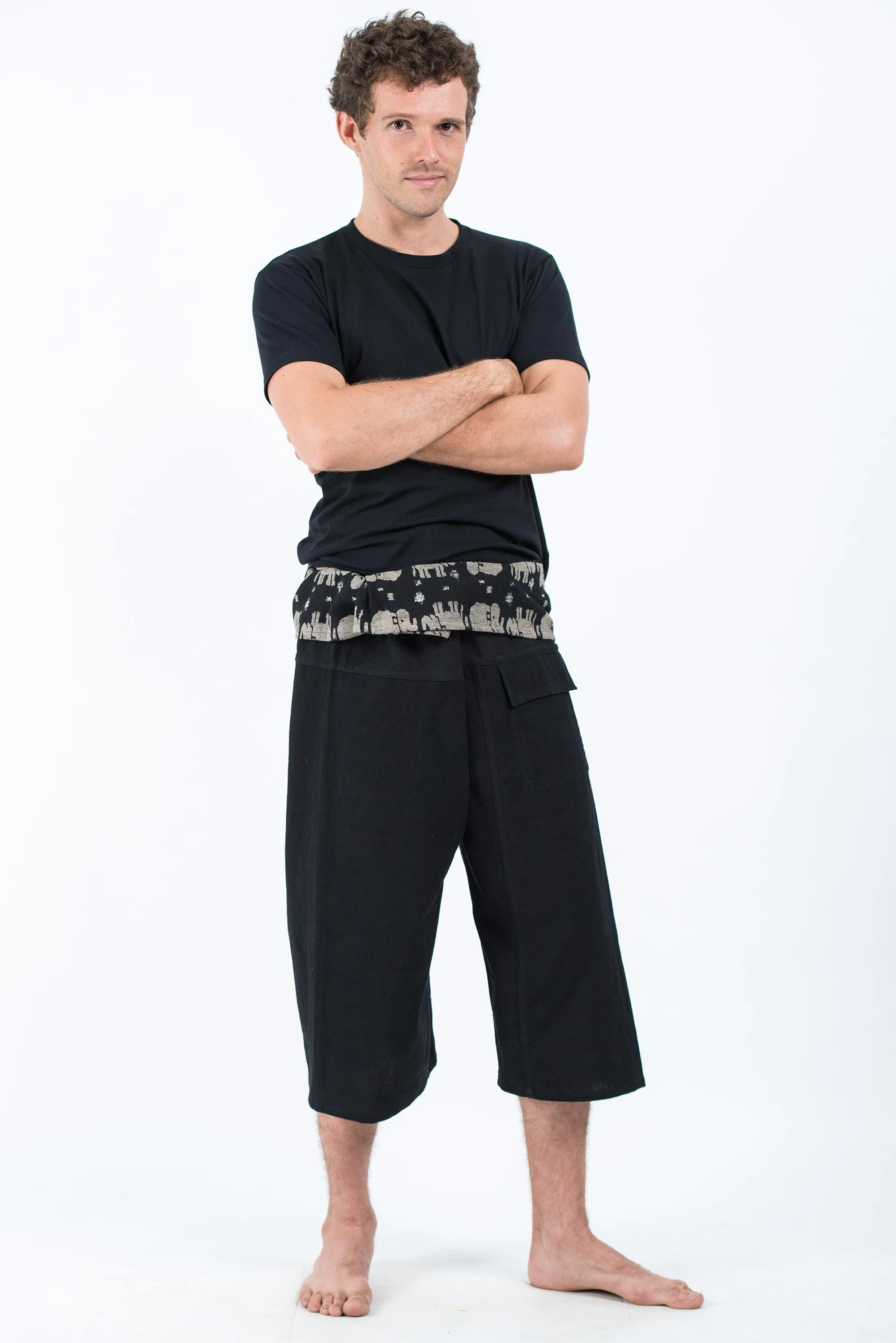 Men's Cropped Fisherman Pants with Pattern Waist Band in Black