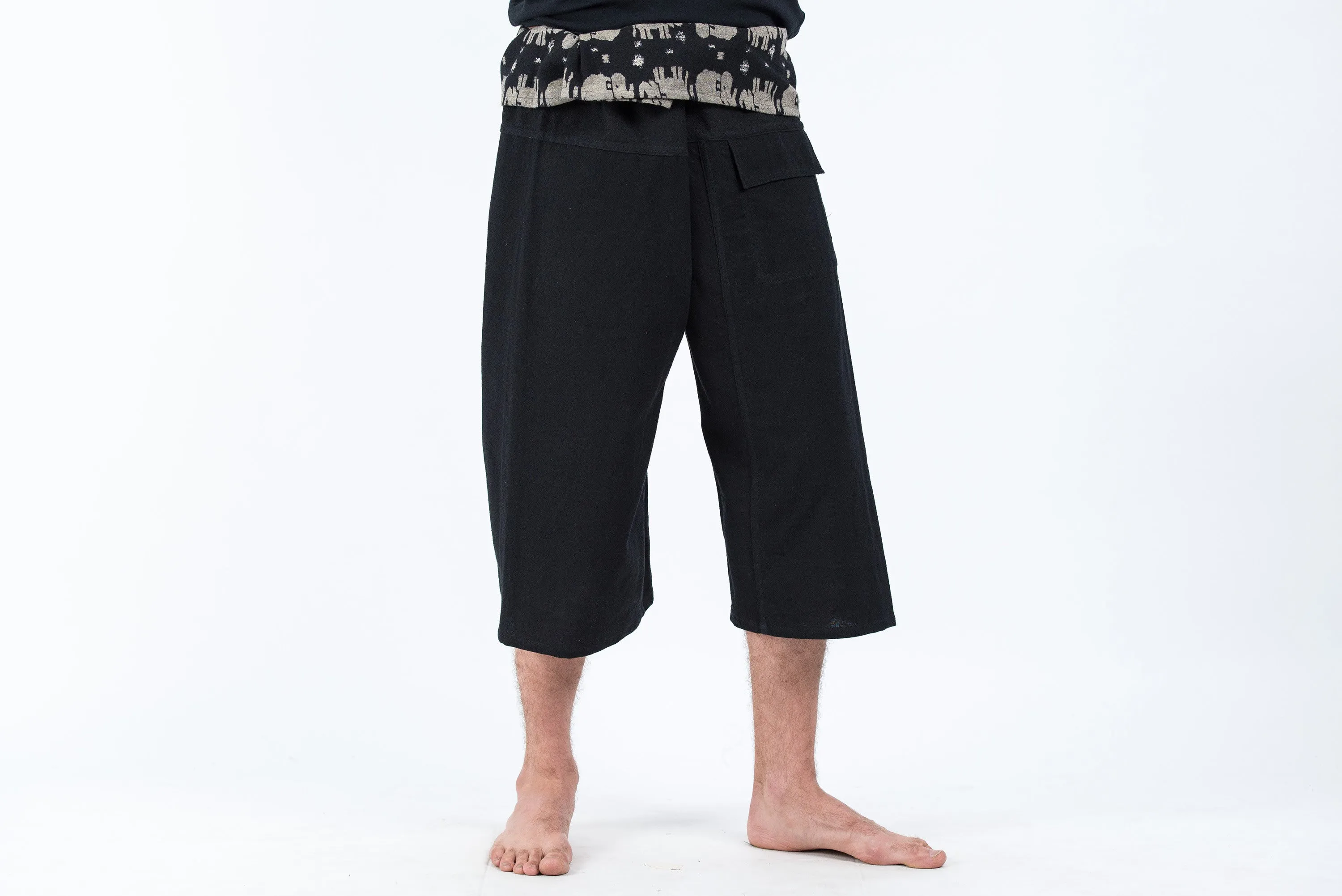 Men's Cropped Fisherman Pants with Pattern Waist Band in Black