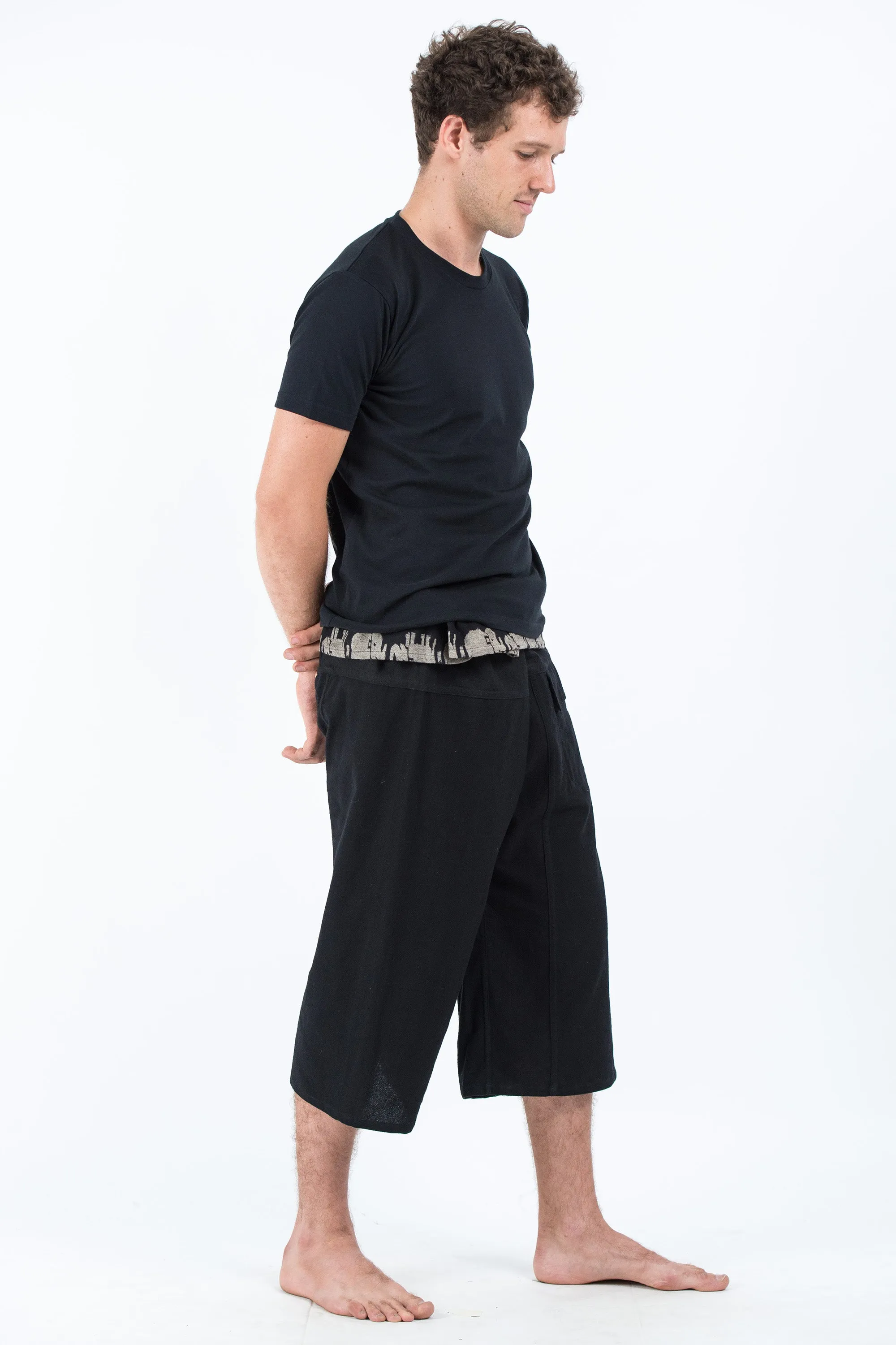 Men's Cropped Fisherman Pants with Pattern Waist Band in Black