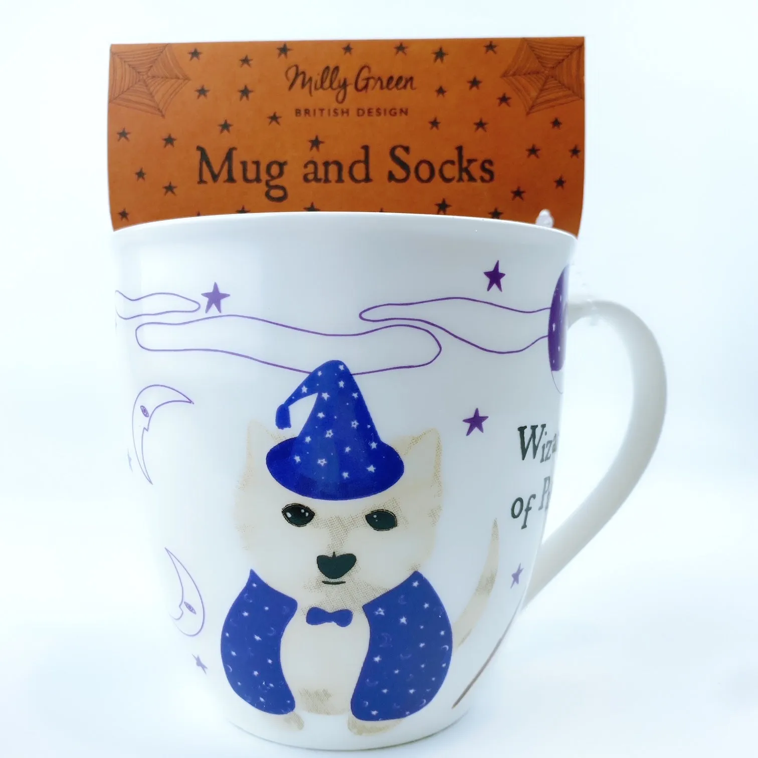 Milly Green British Design Halloween Wizard Of Paws Coffee Mug Tea Cup With Sock Set