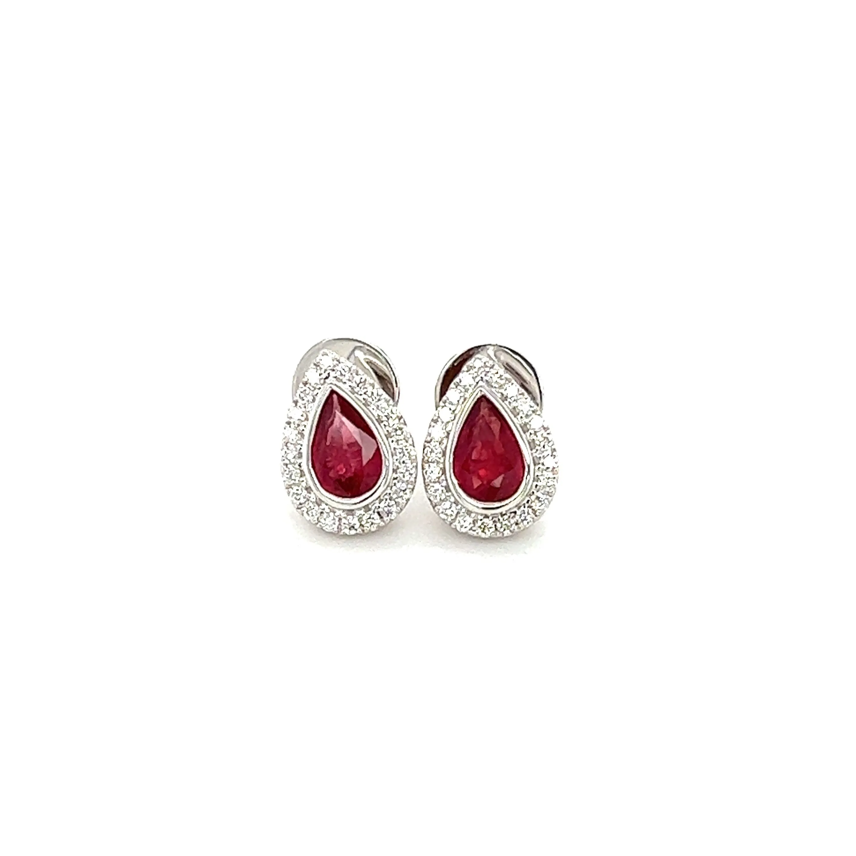 Pear Ruby Stud Earrings with Diamond Halo in 18K White Gold