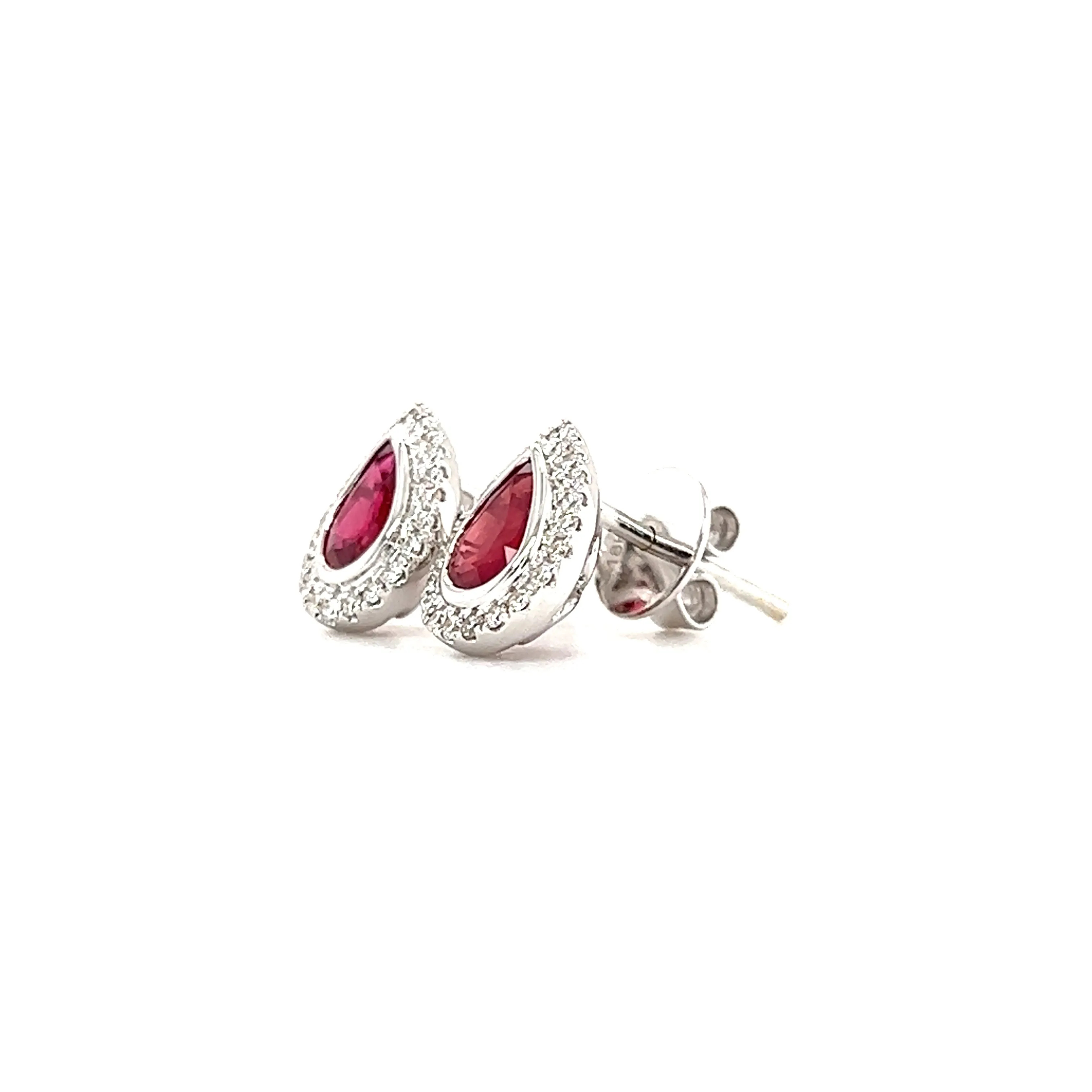 Pear Ruby Stud Earrings with Diamond Halo in 18K White Gold