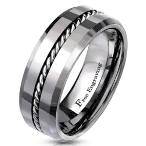 Personalized Men's Silver Promise Ring - Beveled Wire Cable Inlay Real Tungsten