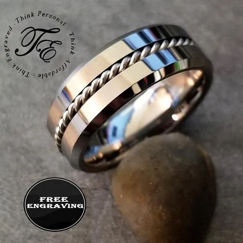 Personalized Men's Silver Promise Ring - Beveled Wire Cable Inlay Real Tungsten