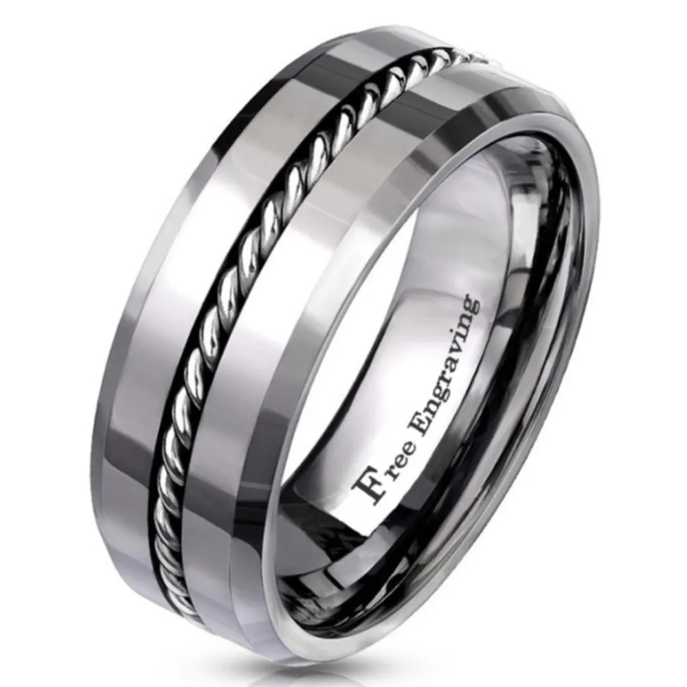 Personalized Men's Silver Promise Ring - Beveled Wire Cable Inlay Real Tungsten