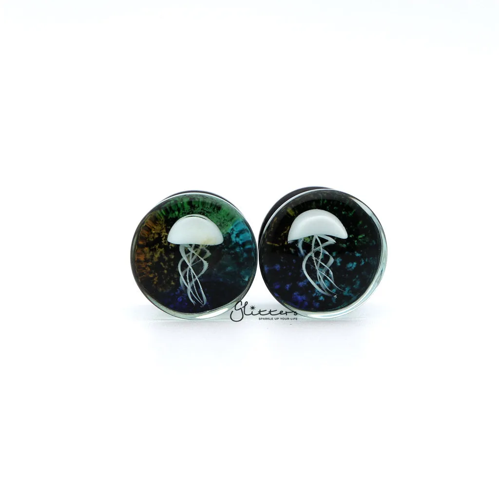 Pyrex Glass Jellyfish Double Flare Black Back with Multi Color Background Tunnel Plugs