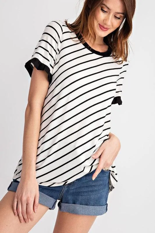 "Caught In A Line" Bias Way Ruffle Short Sleeve Top