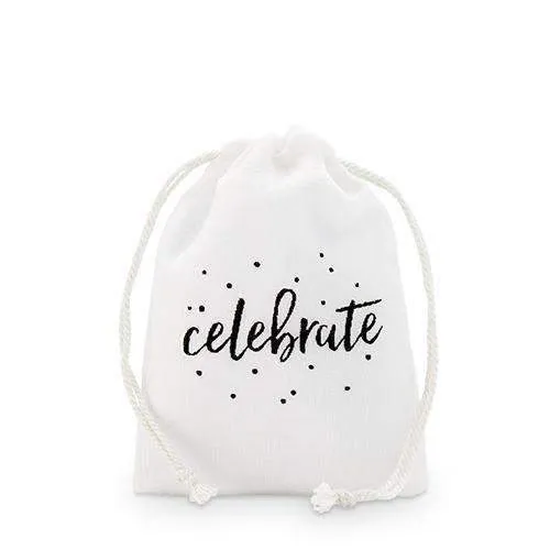 "celebrate" Print Muslin Drawstring Favor Bag - Small (Pack of 12)