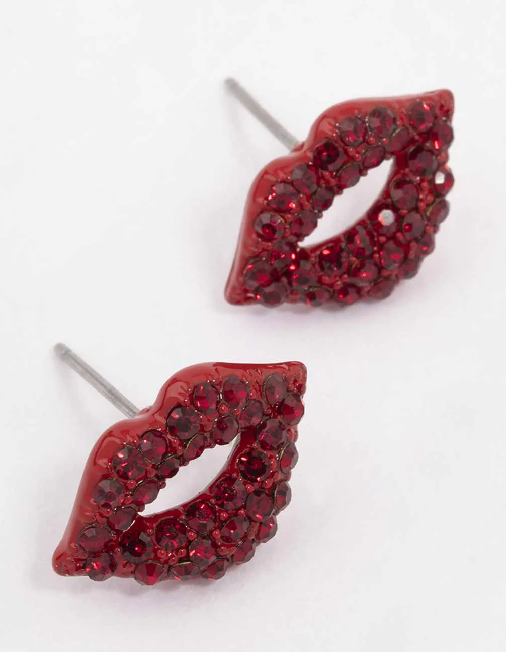 Red Bling Diamante Lip Stud Earrings