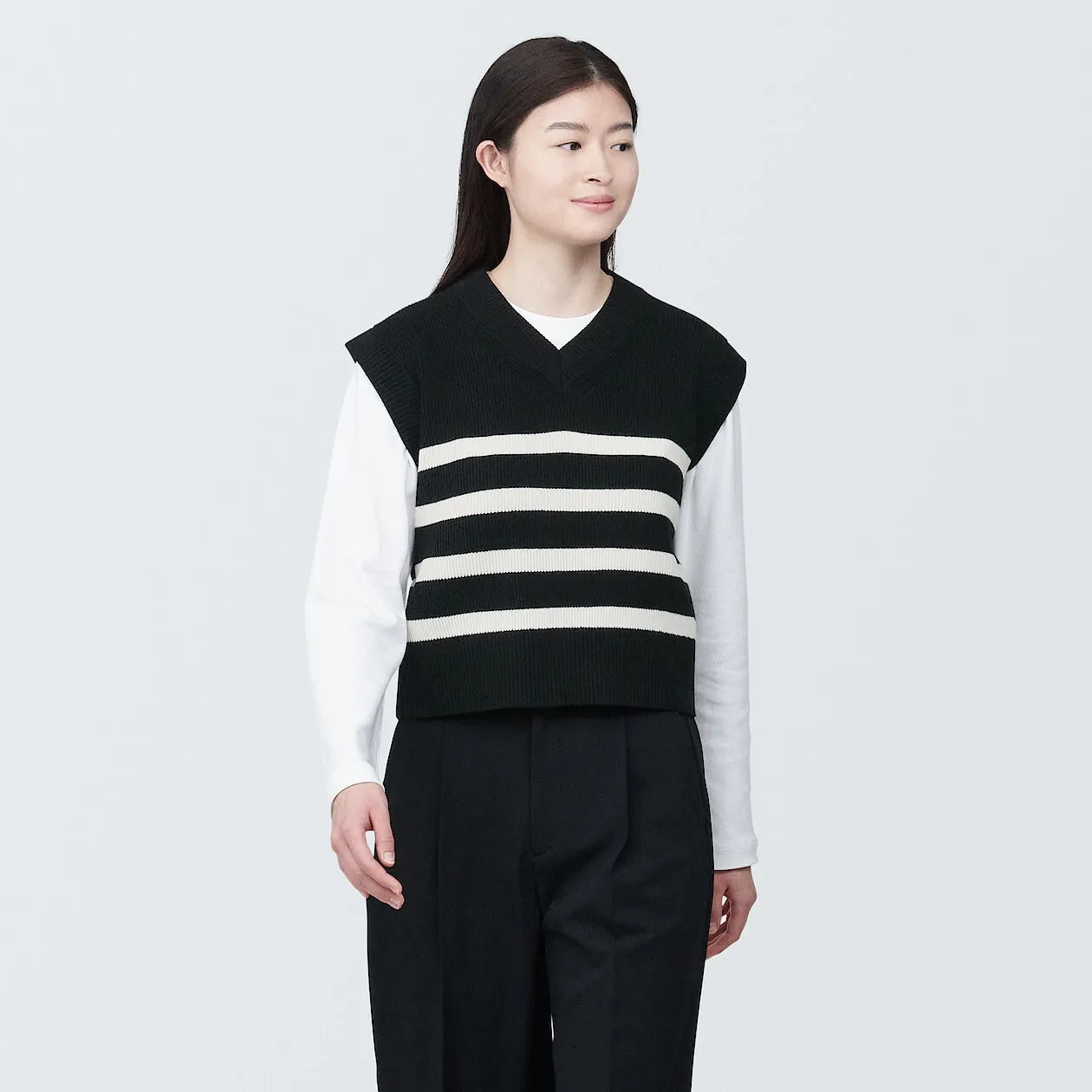 Ribbed Knit V-Neck Short Sweater Striped Vest