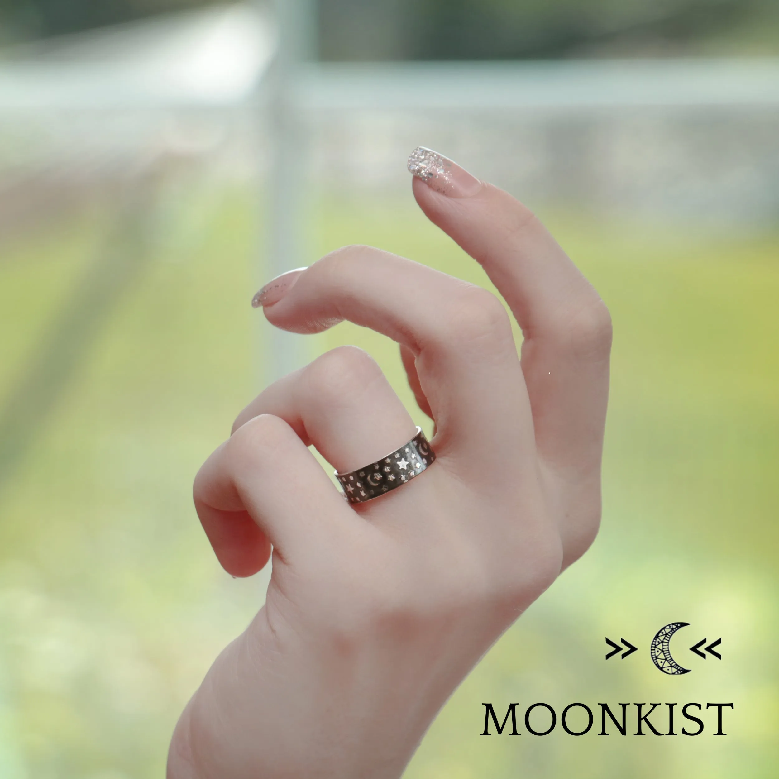 Sterling Silver Moon and Stars Black Wedding Band | Moonkist Designs