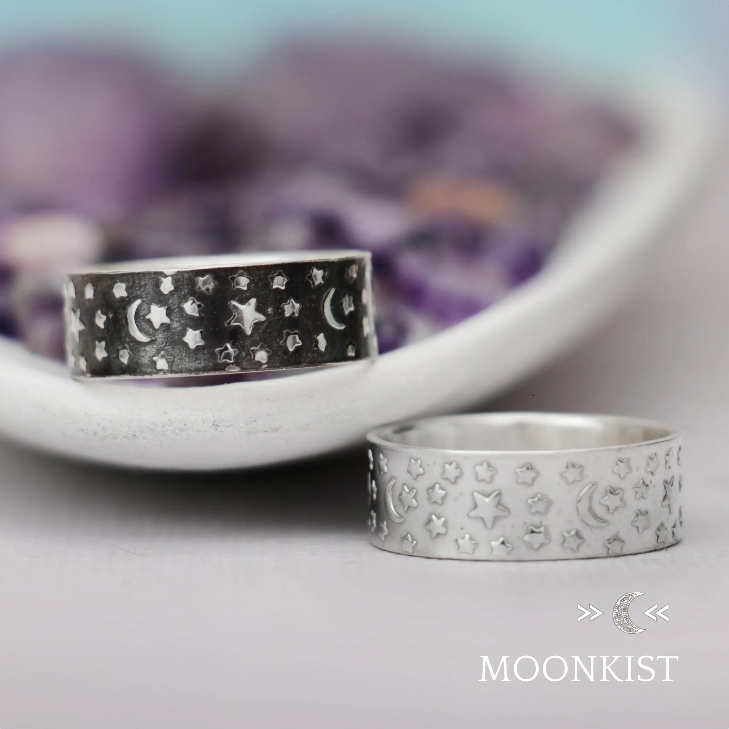 Sterling Silver Moon and Stars Black Wedding Band | Moonkist Designs