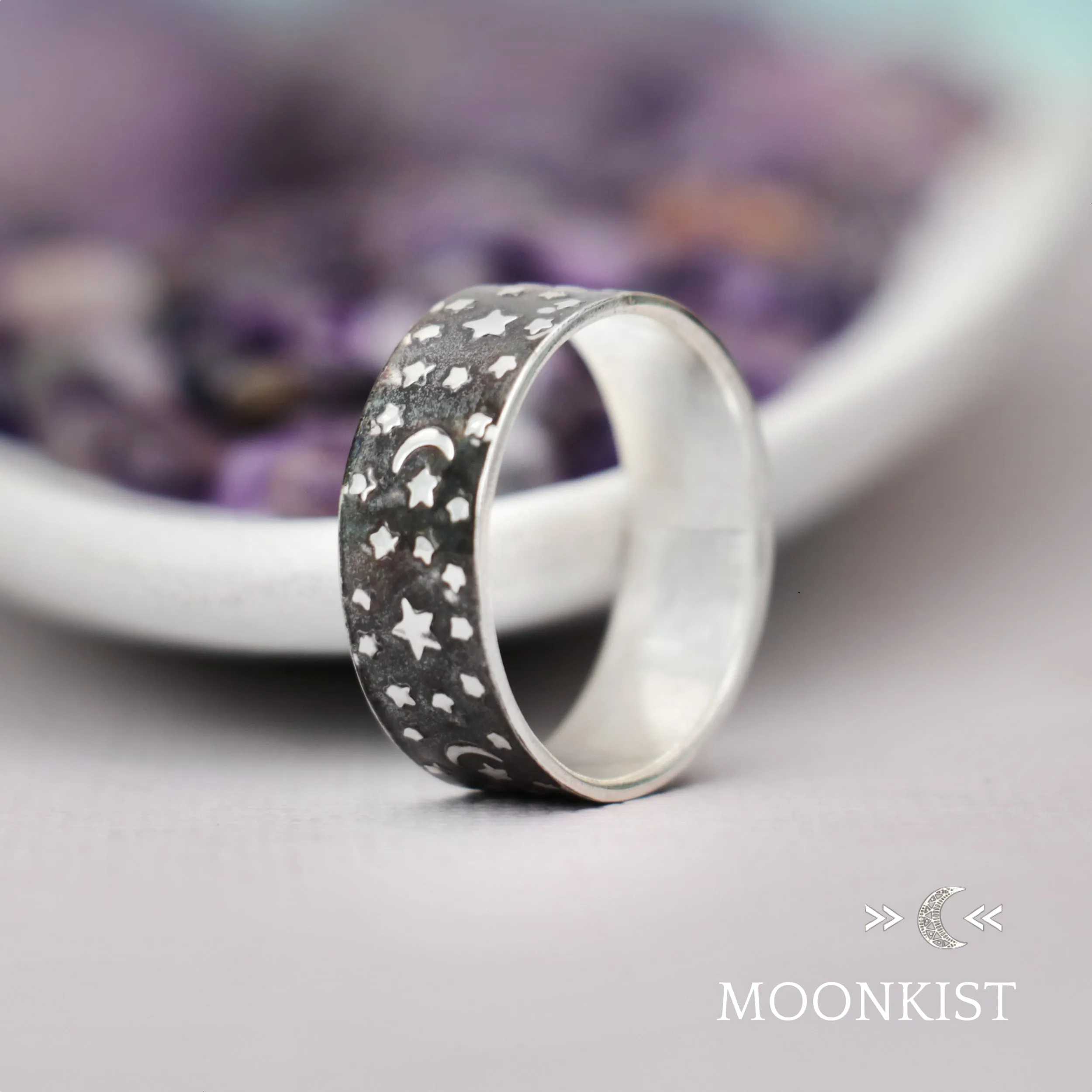 Sterling Silver Moon and Stars Black Wedding Band | Moonkist Designs