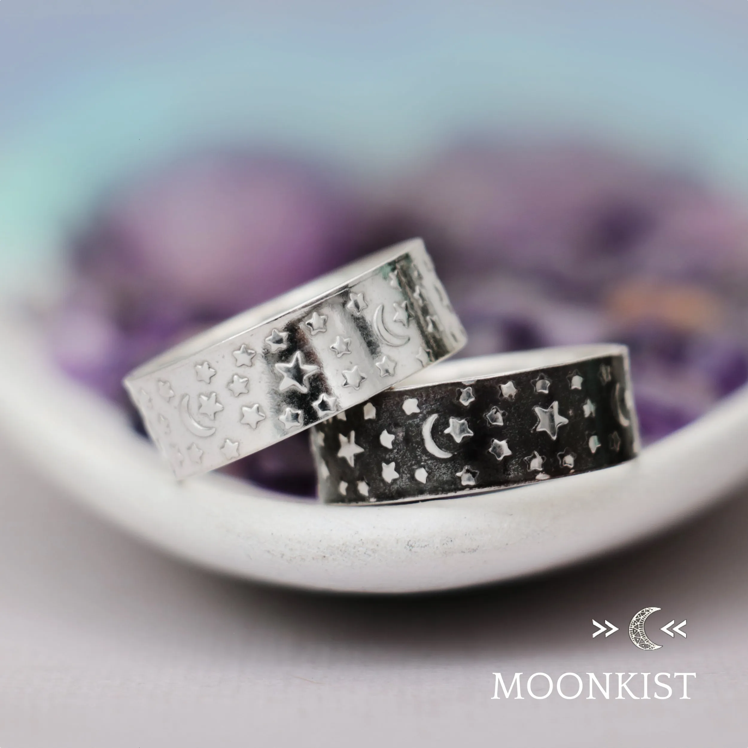 Sterling Silver Moon and Stars Black Wedding Band | Moonkist Designs