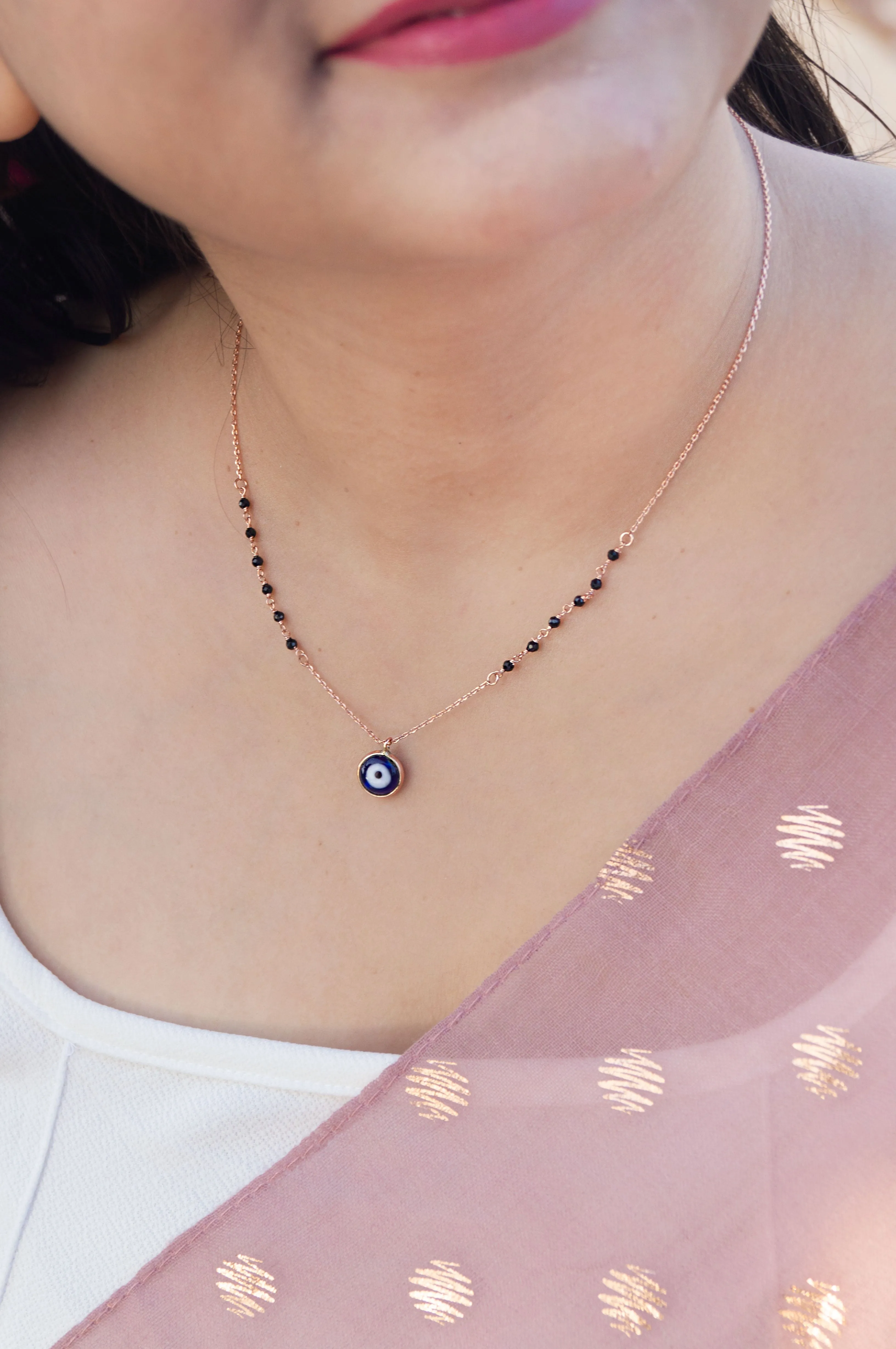 Stylish Evil Eye Rose Gold Plated Sterling Silver Mangalsutra Necklace