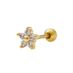 Tiny Daisy Crystal Barbell Earring - Gold