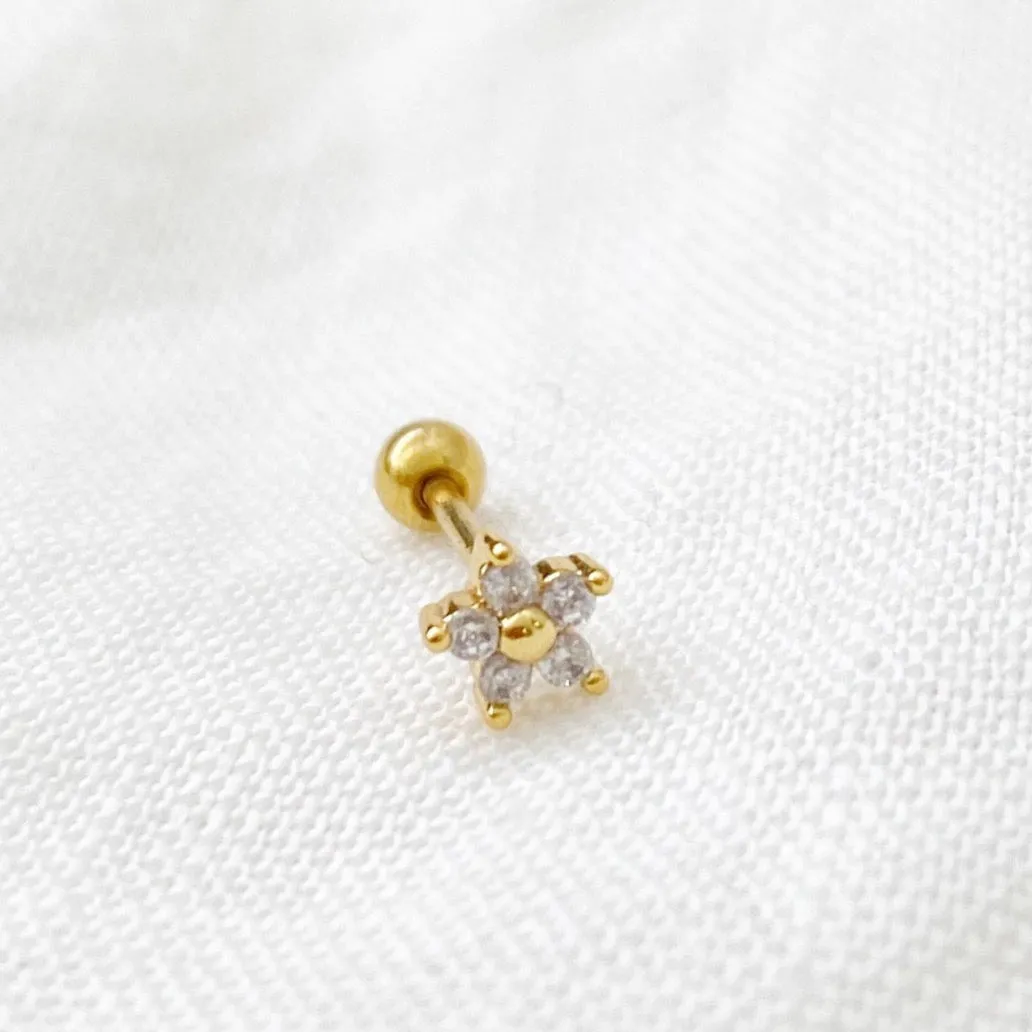 Tiny Daisy Crystal Barbell Earring - Gold