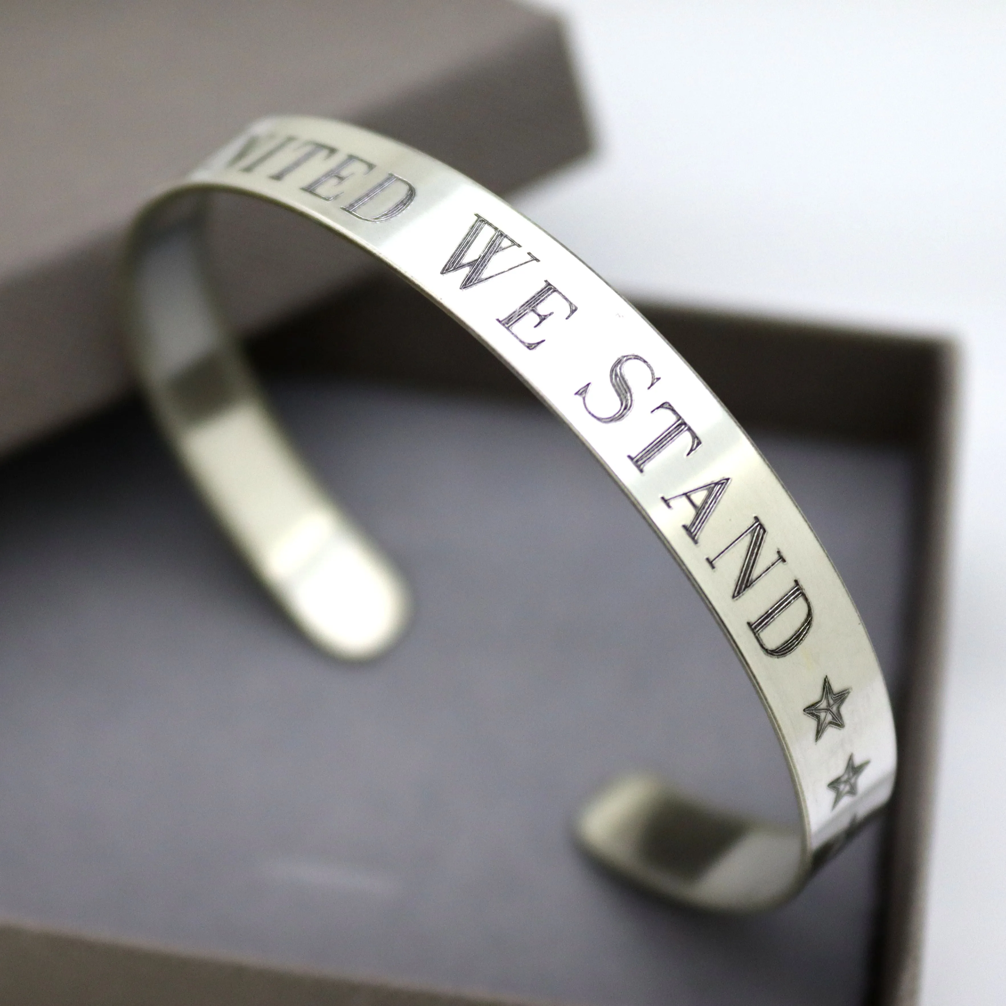 United We Stand Cuff Bracelet for Men - Sterling Silver Bangle - Mens Personalized Gift