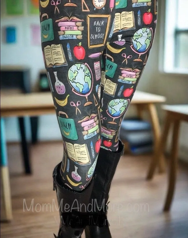 Womens Back To School Theme Teacher Leggings, Soft Yoga Pants, Sizes 0-20, Yoga Waist, Gray/Multi, Exclusive Leggings