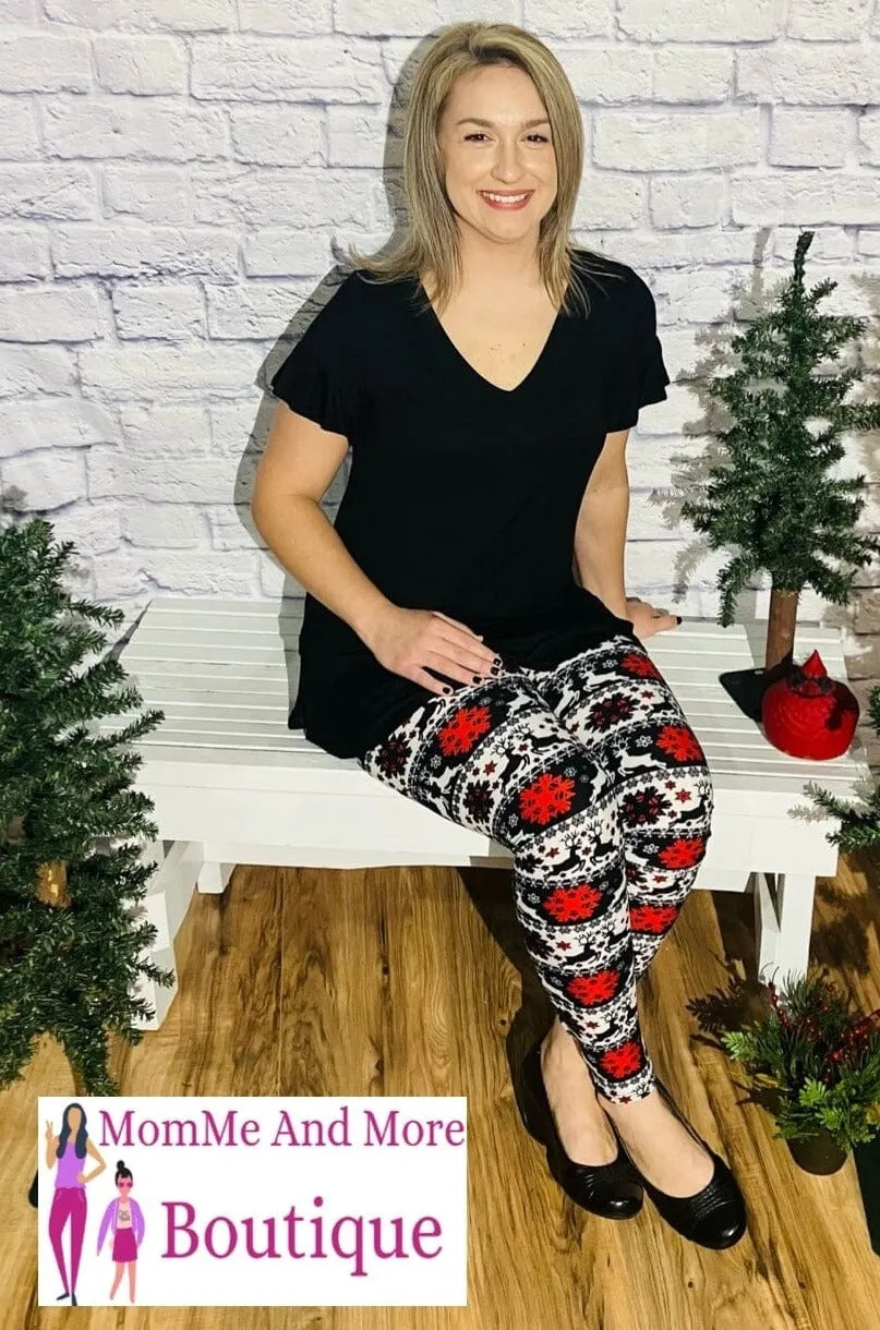 Womens Christmas Reindeer Holiday Leggings, Soft Yoga Pants, Sizes 0-20, Yoga Waist, Black/Red/White