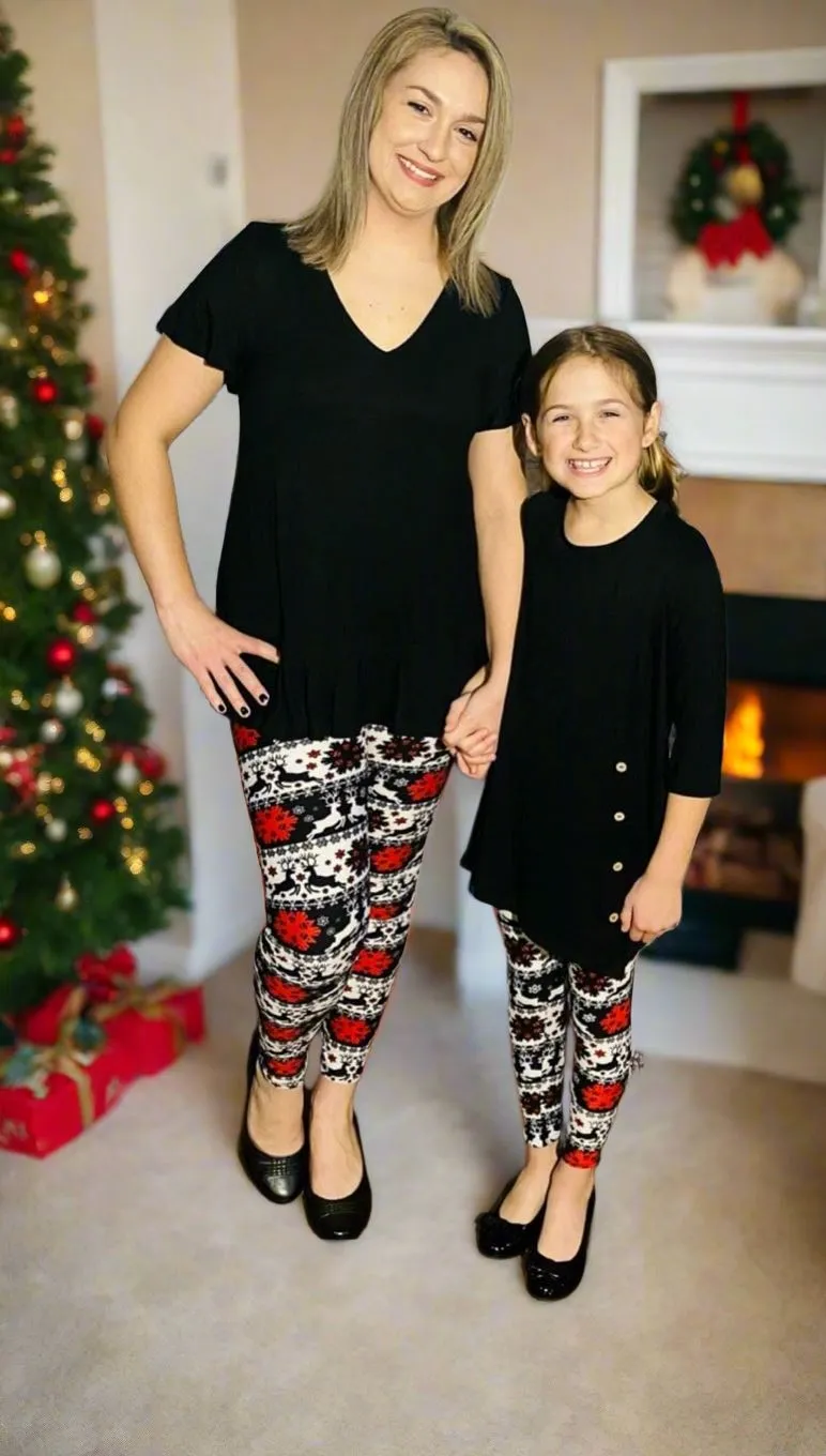 Womens Christmas Reindeer Holiday Leggings, Soft Yoga Pants, Sizes 0-20, Yoga Waist, Black/Red/White