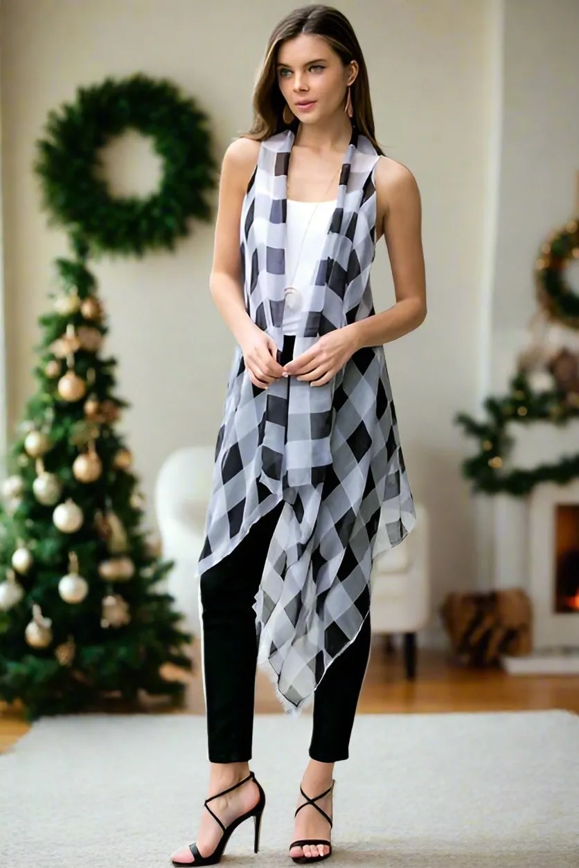 Womens Plaid Kimono, Christmas Cardigan Checkered Vest, Size OS, Black/White