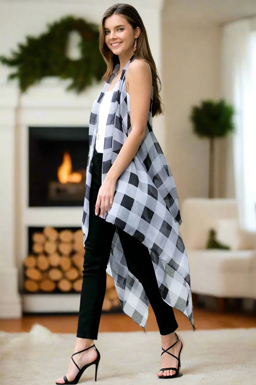 Womens Plaid Kimono, Christmas Cardigan Checkered Vest, Size OS, Black/White