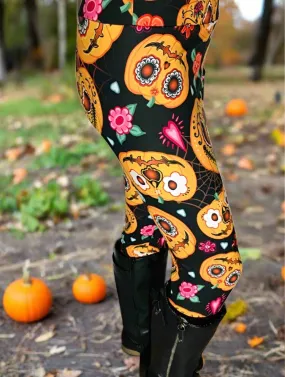 Womens Pumpkin Leggings, Soft Yoga Pants, Sizes 0-12, Yoga Waist, Black/Orange, Exclusive Leggings