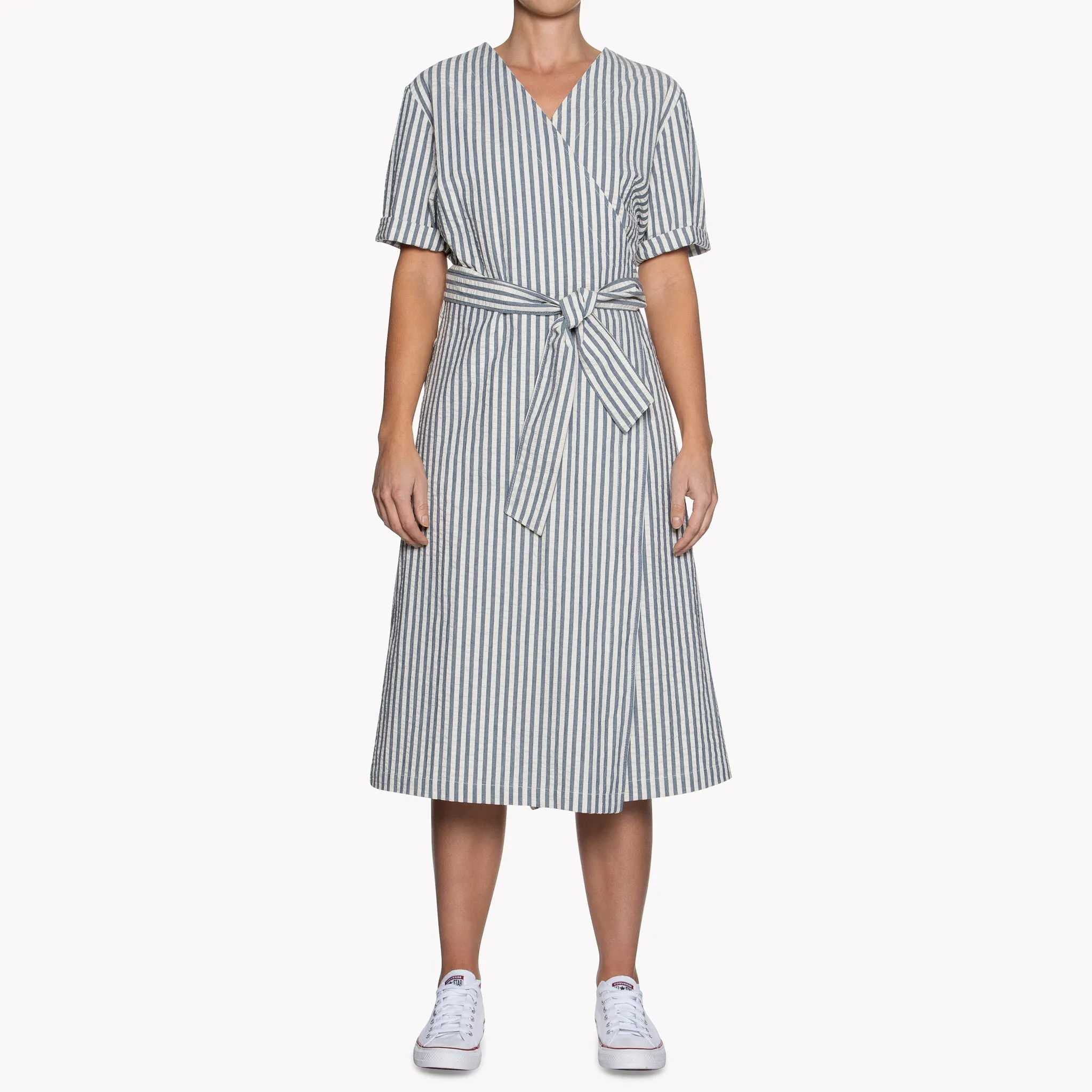 Wrap Dress - Seersucker Stripe - Blue/Cream